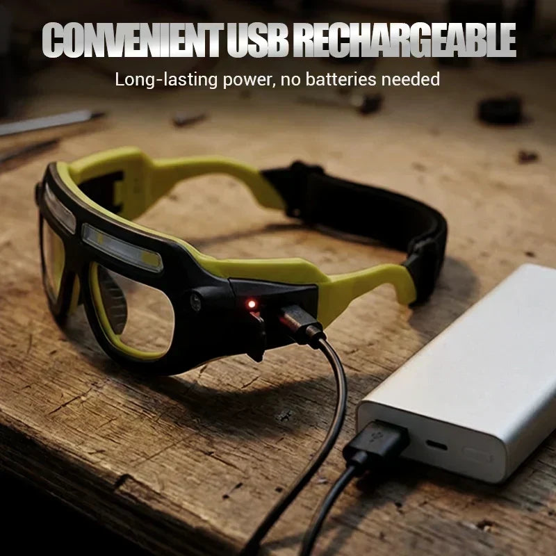 👓📏 Oplaadbare LED-hoofdlamp in brilmodel | 5 standen: COB hoog/laag & wit laser hoog/laag | Bewegingssensor | Waterdicht | USB | Incl. veiligheidsbril | 50% KORTING!