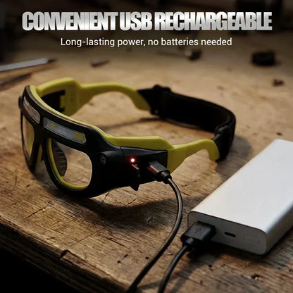 👓📏 Oplaadbare LED-hoofdlamp in brilmodel | 5 standen: COB hoog/laag & wit laser hoog/laag | Bewegingssensor | Waterdicht | USB | Incl. veiligheidsbril | 50% KORTING!