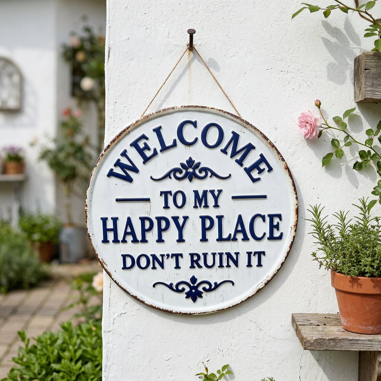 🏡Laatste paar uur van de flash sale!⏰ Retro ronde metalen bordje – „Welkom in mijn vrolijke hoekje, alstublieft niet vernielen“ – wanddecoratie voor in de tuin🌸✨