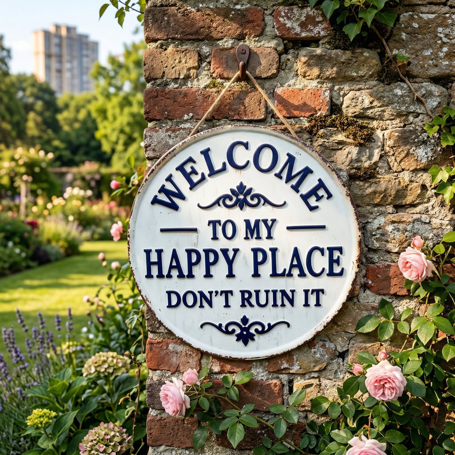 🏡Laatste paar uur van de flash sale!⏰ Retro ronde metalen bordje – „Welkom in mijn vrolijke hoekje, alstublieft niet vernielen“ – wanddecoratie voor in de tuin🌸✨
