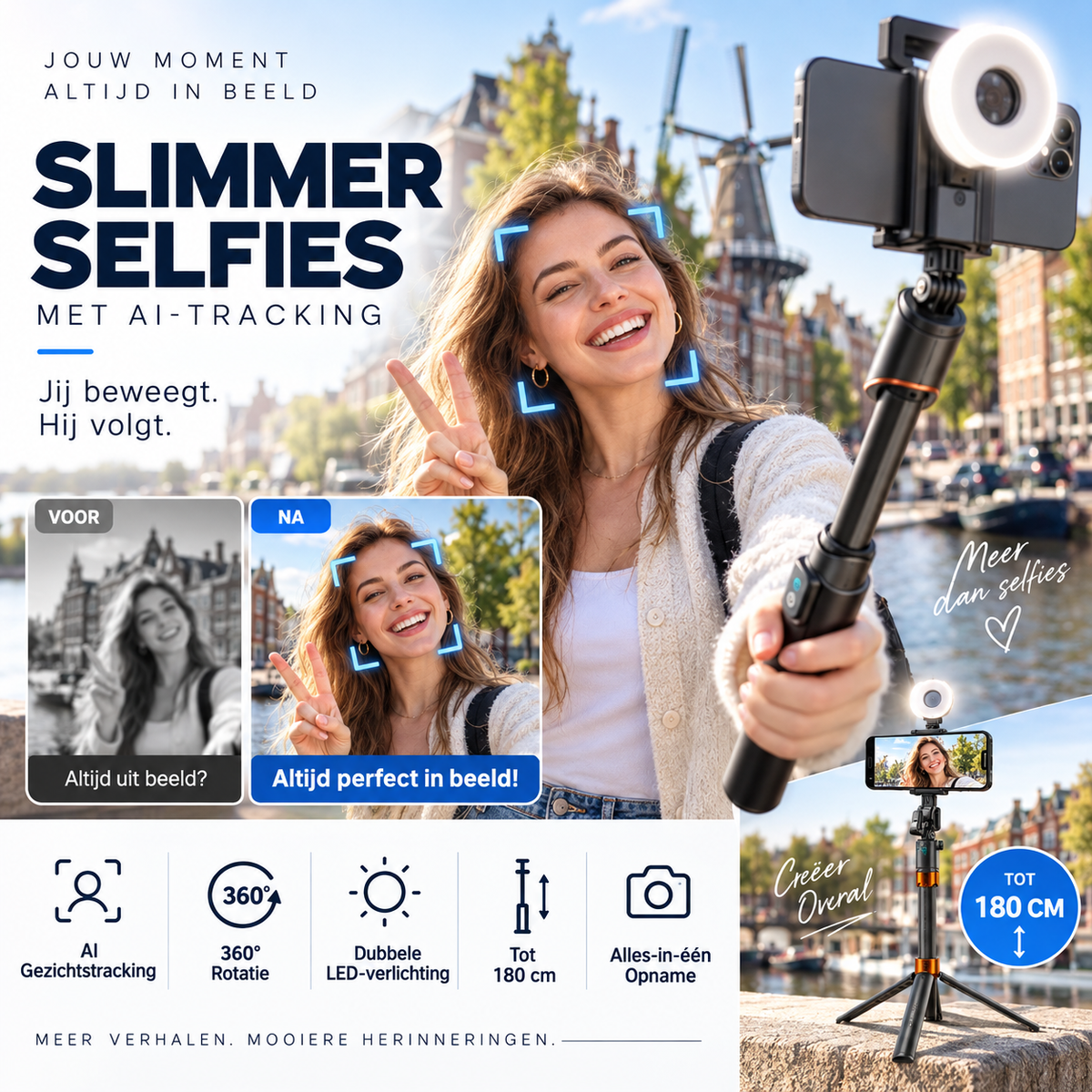 📱 180 cm Smart Selfiestick met Automatische Gezichtsherkenning – Film en Maak Foto's met Meer Vrijheid