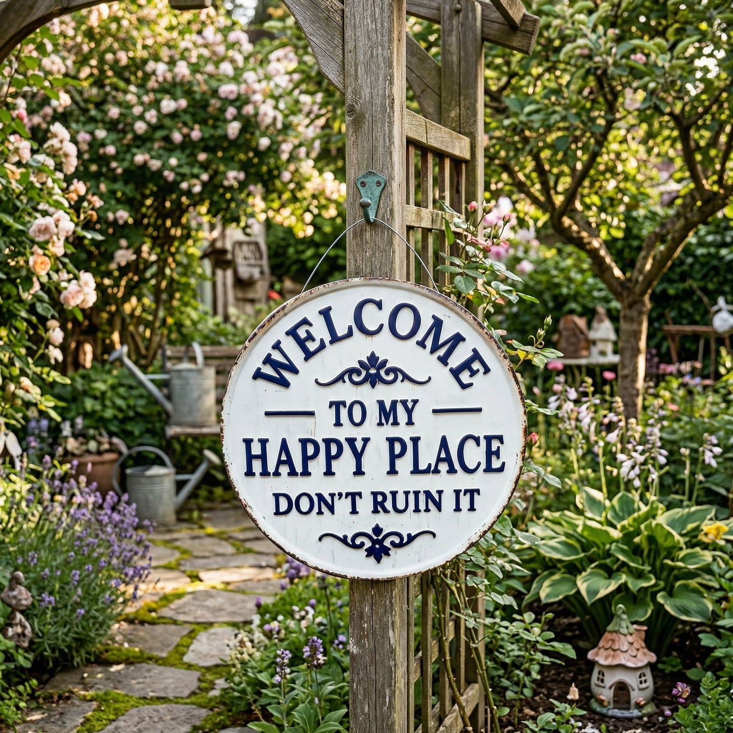 🏡Laatste paar uur van de flash sale!⏰ Retro ronde metalen bordje – „Welkom in mijn vrolijke hoekje, alstublieft niet vernielen“ – wanddecoratie voor in de tuin🌸✨