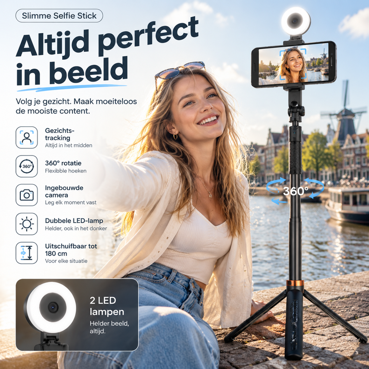 📱 180 cm Smart Selfiestick met Automatische Gezichtsherkenning – Film en Maak Foto's met Meer Vrijheid
