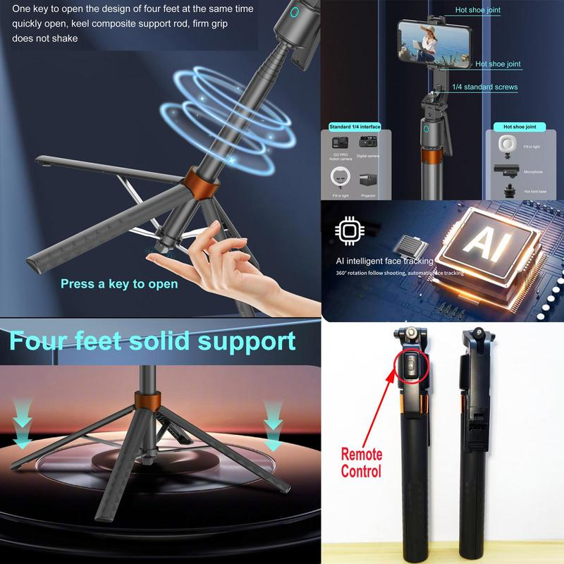 📱 180 cm Smart Selfiestick met Automatische Gezichtsherkenning – Film en Maak Foto's met Meer Vrijheid