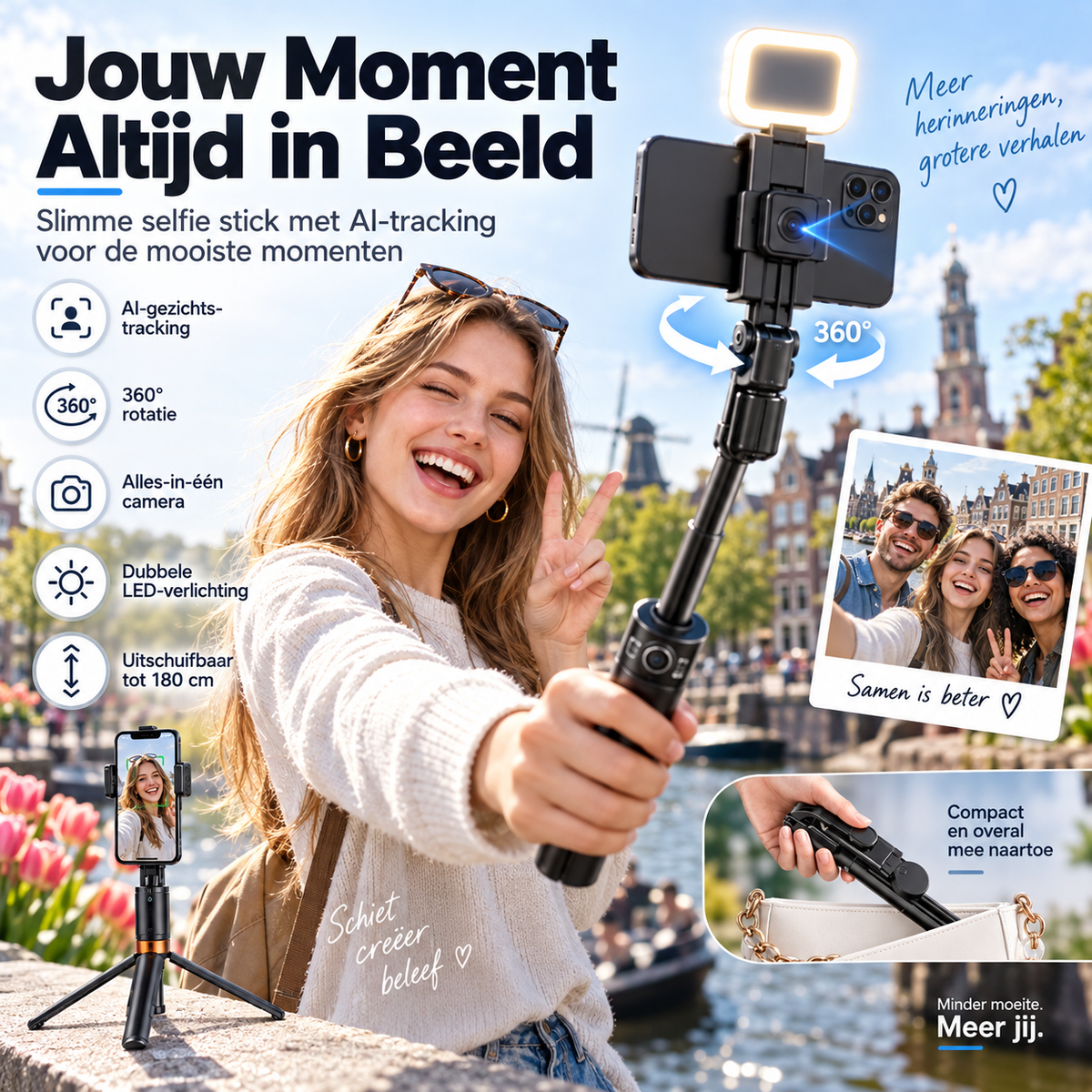 📱 180 cm Smart Selfiestick met Automatische Gezichtsherkenning – Film en Maak Foto's met Meer Vrijheid