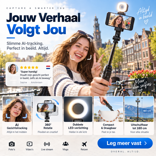 📱 180 cm Smart Selfiestick met Automatische Gezichtsherkenning – Film en Maak Foto's met Meer Vrijheid