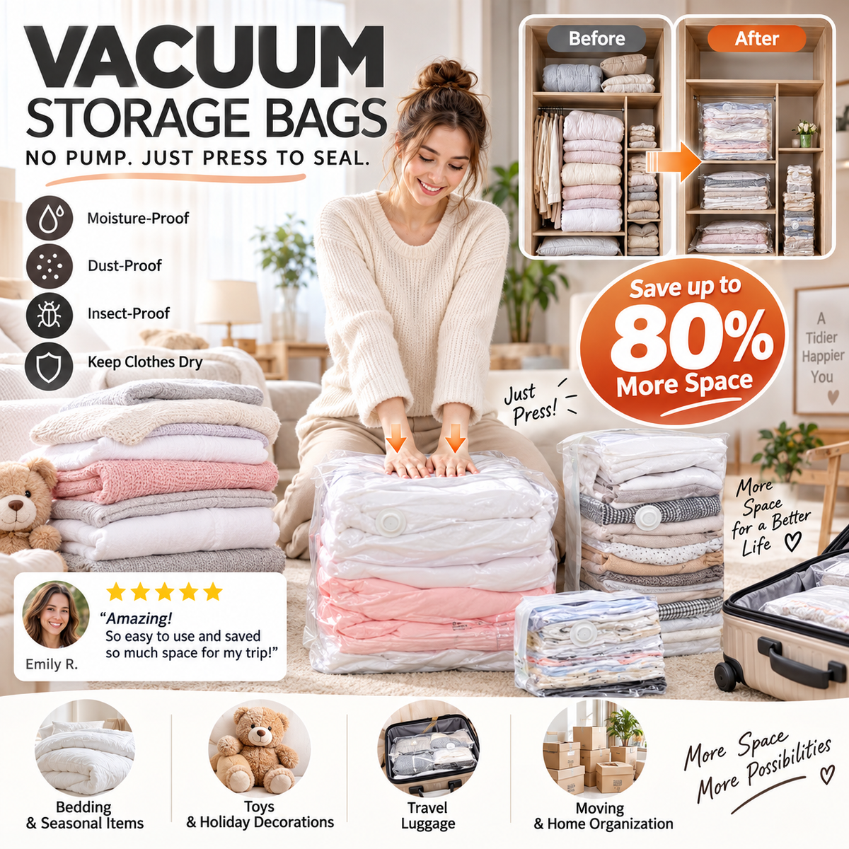 ⏳ALLEEN VANDAAG IN DE UITVERKOOP!🏆🧳Vacuümzakken zonder pomp – Gewoon dichtdrukken en klaar, geen pomp nodig. Bespaart 80% ruimte, houdt kleding droog en stofvrij. Perfect voor volumineus beddengoed en spullen die je buiten het seizoen niet gebruikt.