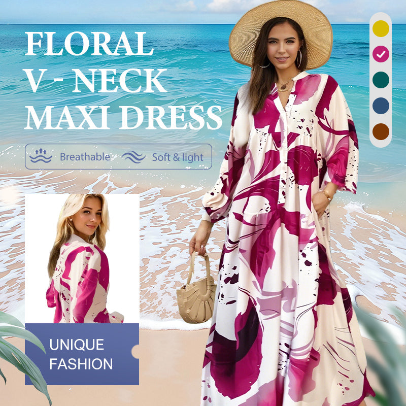 🌸💃 Dames bloemenjurk Maxi met v-flame halslijn💫
