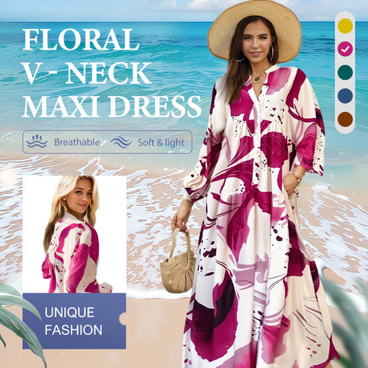 🌸💃 Dames bloemenjurk Maxi met v-flame halslijn💫