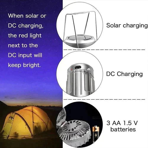 ☀️【Zonne-energie campinglamp met ventilator】—— Licht en wind gaan hand in hand, en wind zorgt voor stroom: alles wat je nodig hebt voor je kampeeruitje in één apparaat!🏕️💨