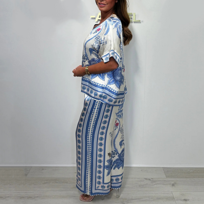 Elegante Gedrukte 2-delige Set voor Dames: V-hals Top en Broek
