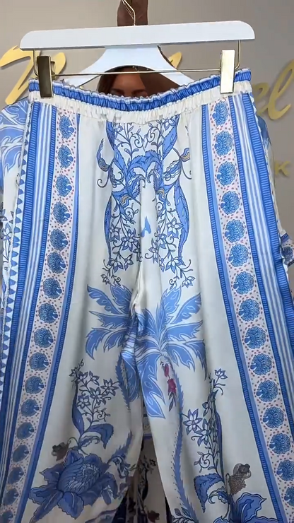 Elegante Gedrukte 2-delige Set voor Dames: V-hals Top en Broek