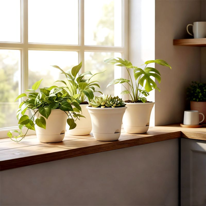 Zelfwaterende ronde bloempotten van kunsthars