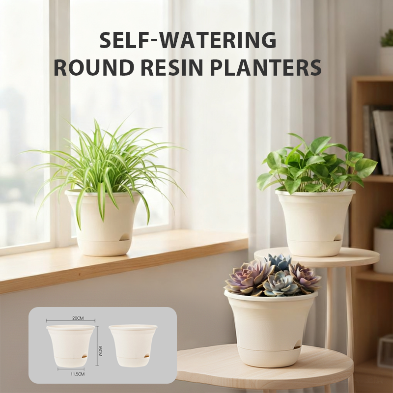 Zelfwaterende ronde bloempotten van kunsthars