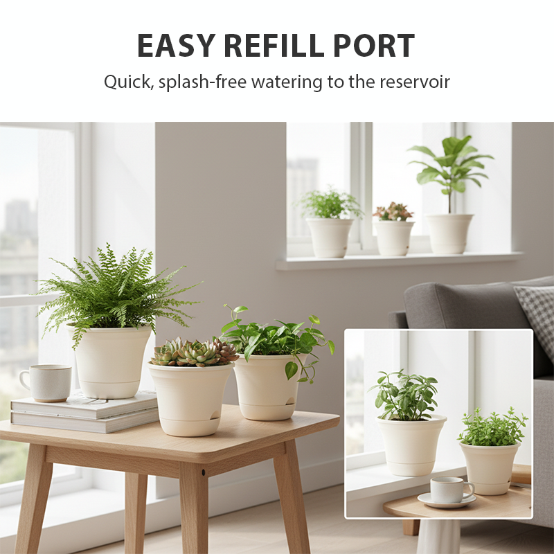 Zelfwaterende ronde bloempotten van kunsthars