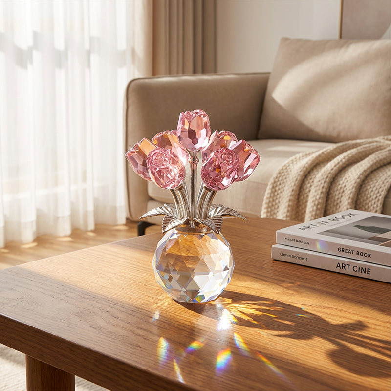 🏆Valentijnsdag Hot Sale 50% KORTING❤️ Kristallen kleurrijke rozenbloem verzamelbeeldje met vaas💐💫