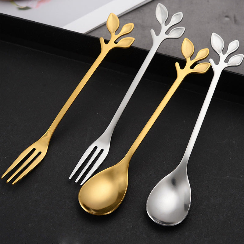 Vintage'owe Sztućce ze Stali Nierdzewnej – Łyżeczka i Widelczyk w Kształcie Liścia