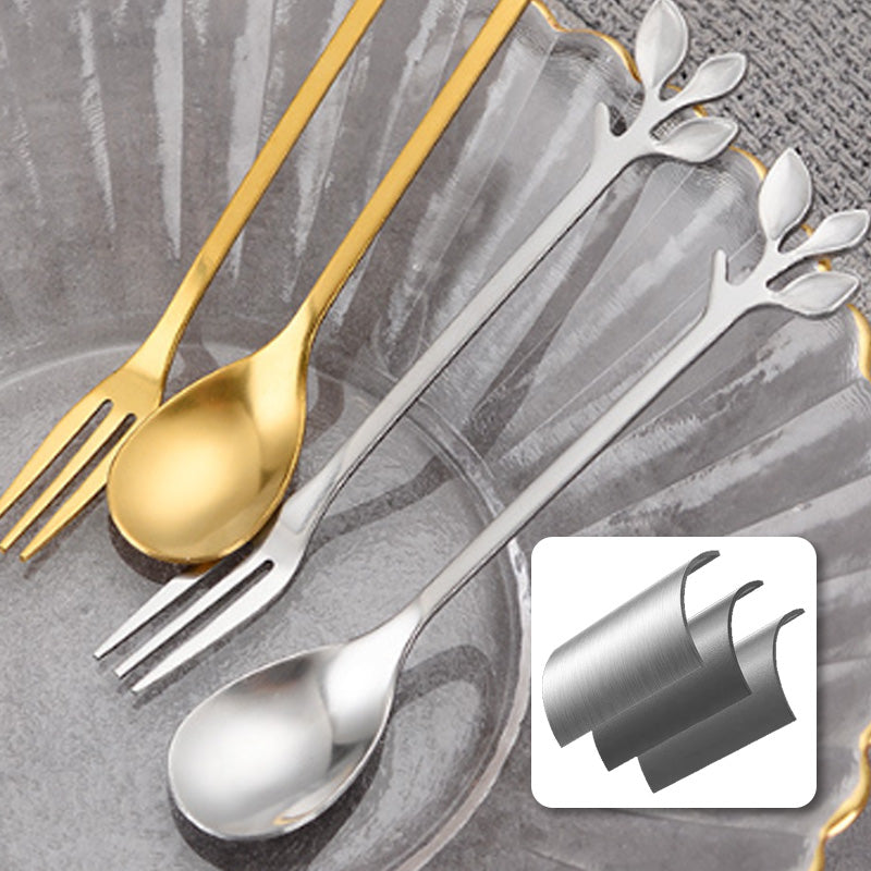 Vintage'owe Sztućce ze Stali Nierdzewnej – Łyżeczka i Widelczyk w Kształcie Liścia