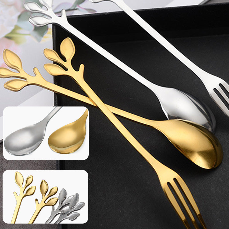 Vintage'owe Sztućce ze Stali Nierdzewnej – Łyżeczka i Widelczyk w Kształcie Liścia