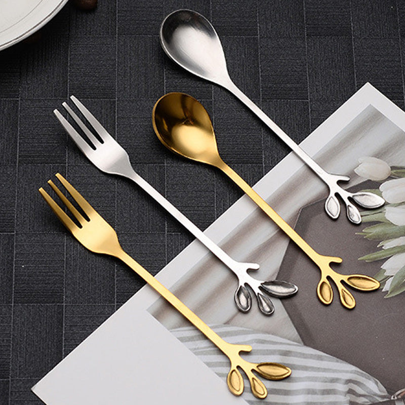 Vintage'owe Sztućce ze Stali Nierdzewnej – Łyżeczka i Widelczyk w Kształcie Liścia