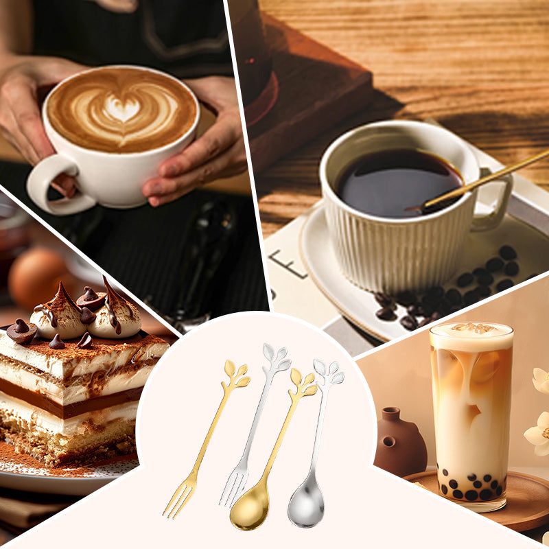 Vintage'owe Sztućce ze Stali Nierdzewnej – Łyżeczka i Widelczyk w Kształcie Liścia