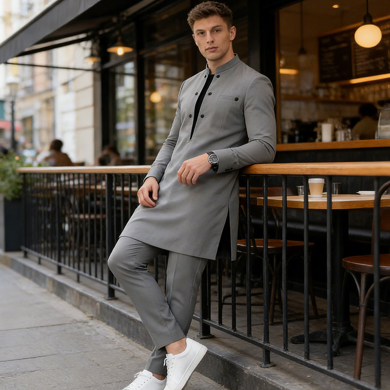 👔 Herenpak met moderne tuniek met mandarijnkraag en broek – Elegant ontwerp, comfortabele pasvorm en perfect voor speciale gelegenheden  🎩