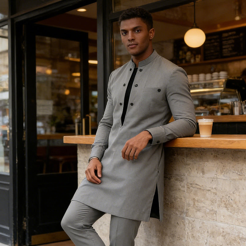 👔 Herenpak met moderne tuniek met mandarijnkraag en broek – Elegant ontwerp, comfortabele pasvorm en perfect voor speciale gelegenheden  🎩