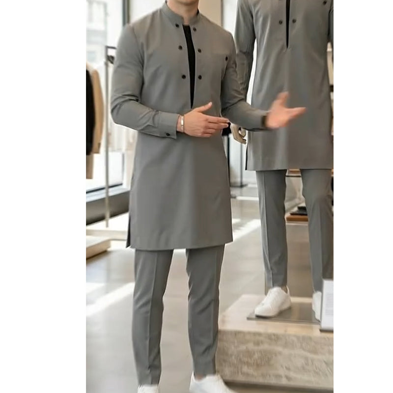 👔 Herenpak met moderne tuniek met mandarijnkraag en broek – Elegant ontwerp, comfortabele pasvorm en perfect voor speciale gelegenheden  🎩