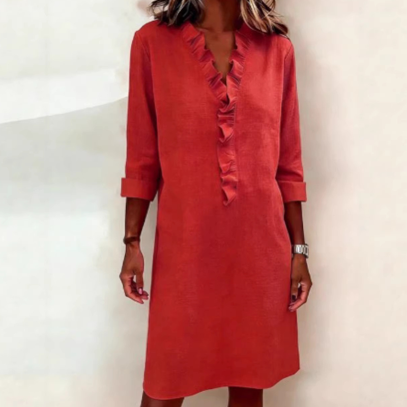 Dames Linnen Blousejurk met Ruches en V-hals