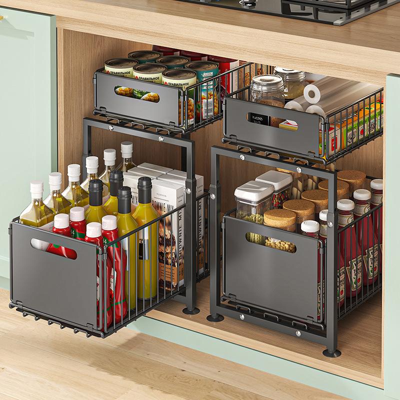 🥫🏠 50% KORTING! Van keuken tot badkamer: deze dubbellaagse stalen schap schuift je rommel naar je toe en zware flessen vallen nooit meer om. Zonder montage, in 1 minuut klaar!