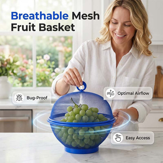 🍎 50% korting! Ademende mesh fruitmand met deksel – houdt fruitvliegjes buiten, ingebouwde vergietfunctie & RVS gaas. Perfect voor thuis & picknick! ✨🧺