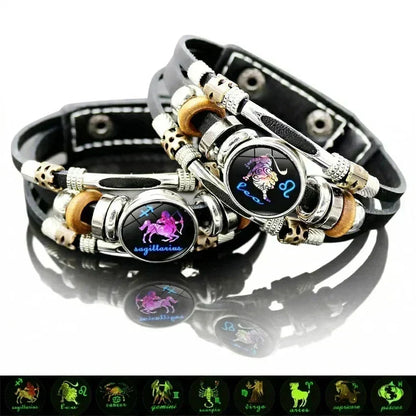 ✨ Glow-in-the-Dark 12 Sterrenbeelden Leren Armband (6,9/8,1 inch) - Nu 50% Korting! 🌌