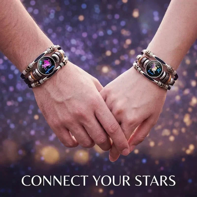 ✨ Glow-in-the-Dark 12 Sterrenbeelden Leren Armband (6,9/8,1 inch) - Nu 50% Korting! 🌌