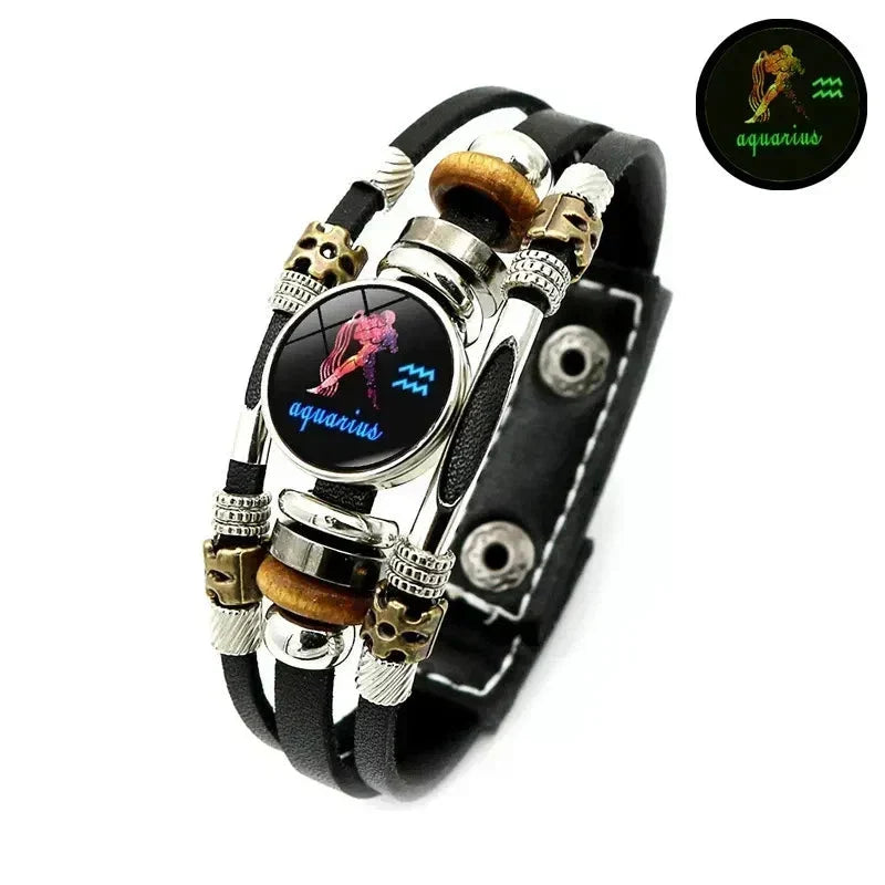 ✨ Glow-in-the-Dark 12 Sterrenbeelden Leren Armband (6,9/8,1 inch) - Nu 50% Korting! 🌌