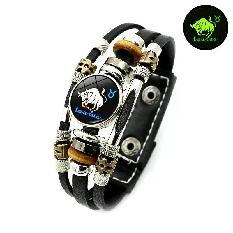 ✨ Glow-in-the-Dark 12 Sterrenbeelden Leren Armband (6,9/8,1 inch) - Nu 50% Korting! 🌌