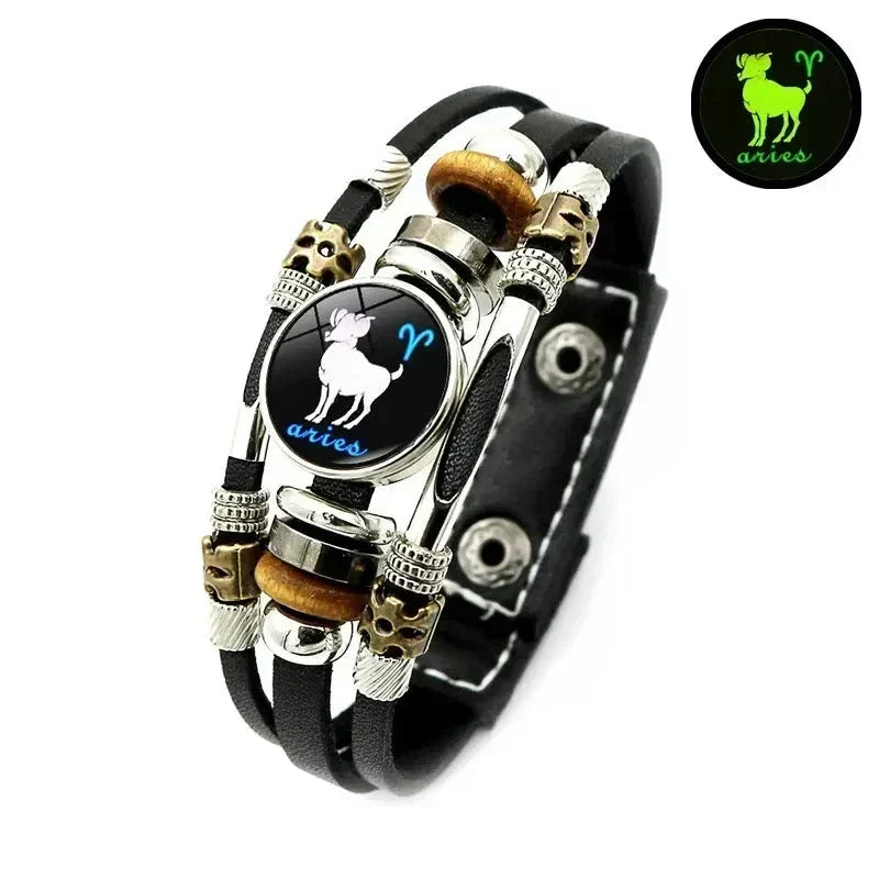✨ Glow-in-the-Dark 12 Sterrenbeelden Leren Armband (6,9/8,1 inch) - Nu 50% Korting! 🌌