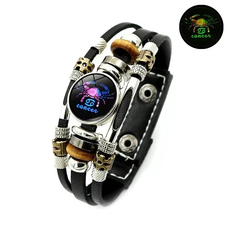 ✨ Glow-in-the-Dark 12 Sterrenbeelden Leren Armband (6,9/8,1 inch) - Nu 50% Korting! 🌌