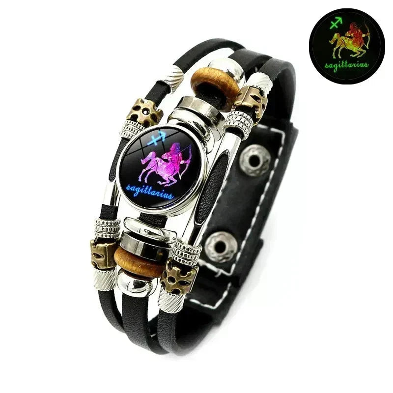 ✨ Glow-in-the-Dark 12 Sterrenbeelden Leren Armband (6,9/8,1 inch) - Nu 50% Korting! 🌌