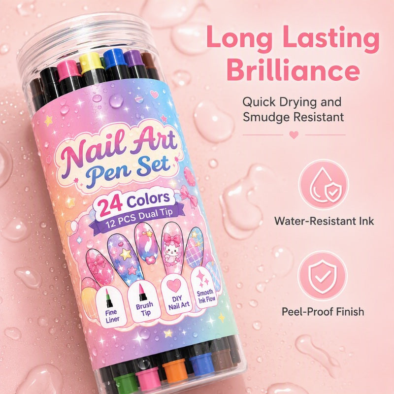 💥 Set van 24 dubbelzijdige nailartpennen in 24 kleuren – Creatief, salonkwaliteit, eenvoudig zelf te gebruiken ✨
