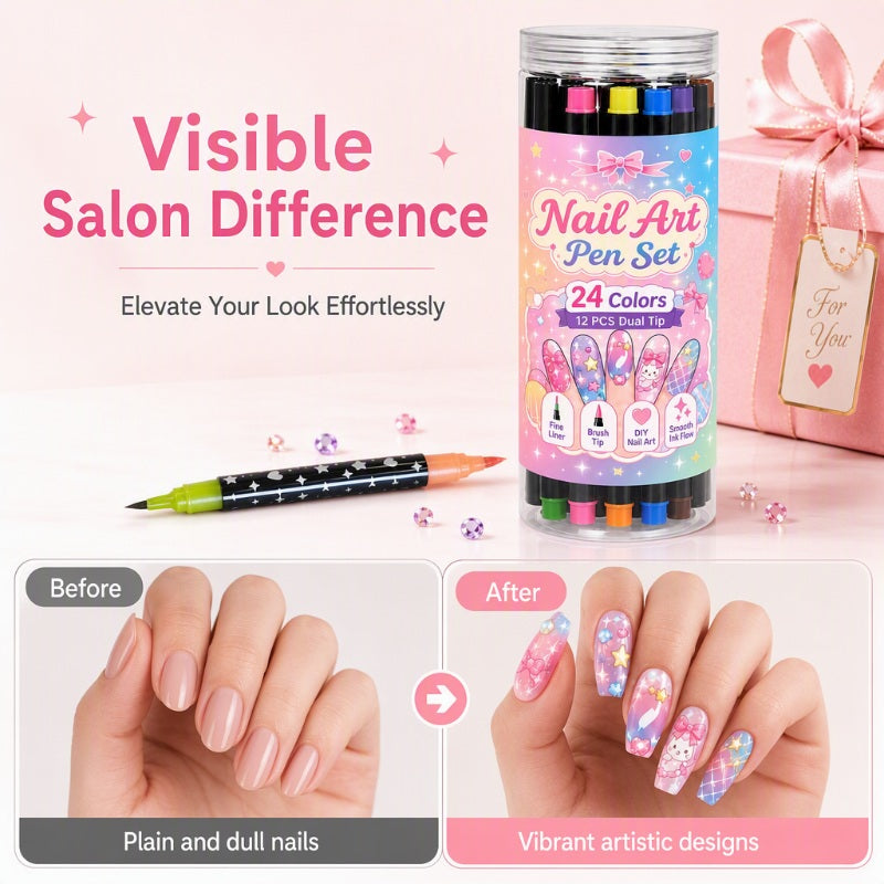 💥 Set van 24 dubbelzijdige nailartpennen in 24 kleuren – Creatief, salonkwaliteit, eenvoudig zelf te gebruiken ✨