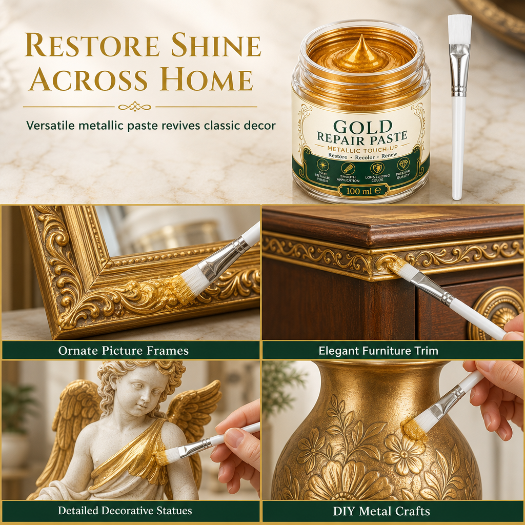 ✨🏆 Metallic Goud Restauratiepasta 100ml – Glanzende Goudafwerking met Precisieborstel voor Decoratie & Meubels