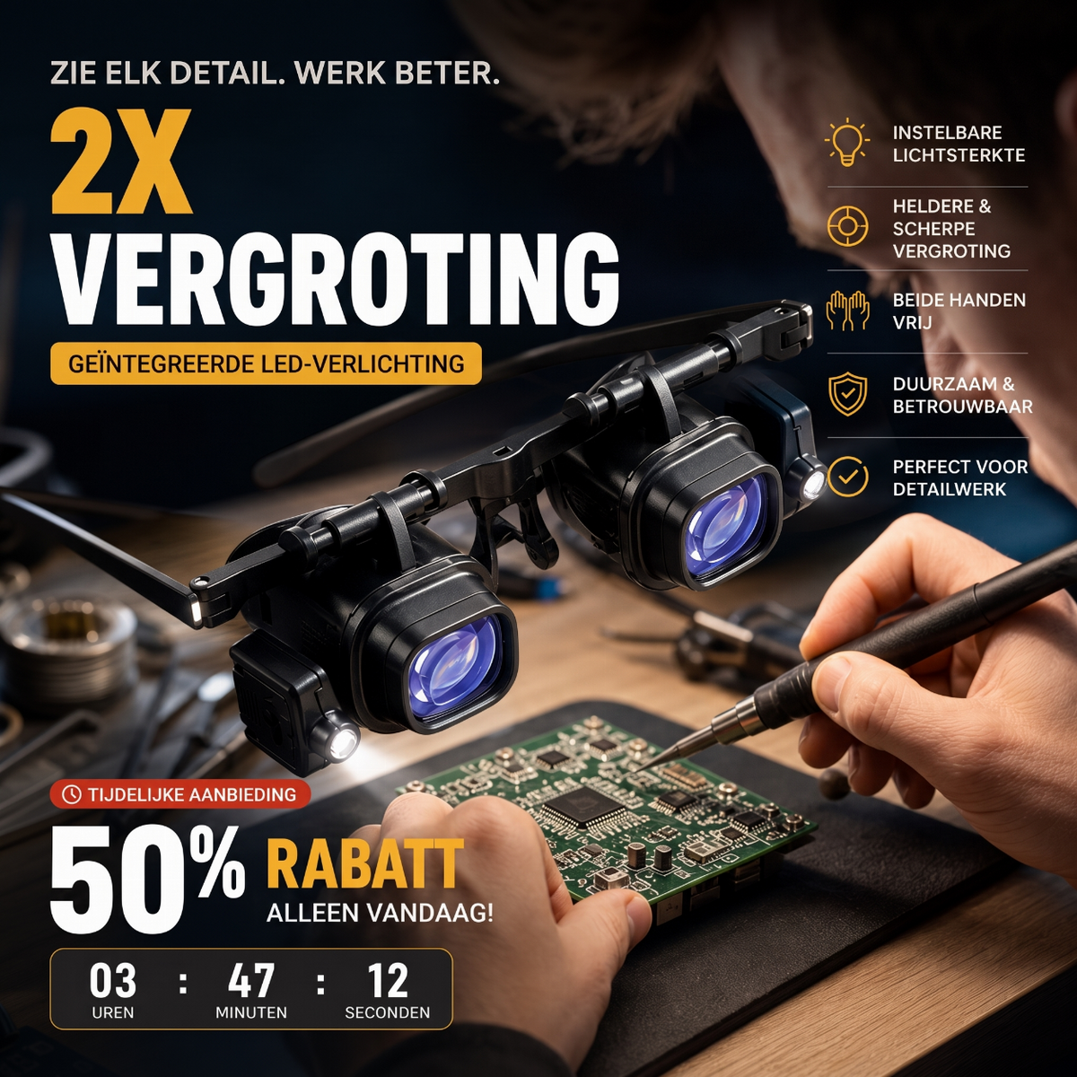🔥 NU 50% KORTING! 🔍 Hogeprecisievergrootglas met LED, verwisselbare lenzen handsfree ontwerp 🛠️✨