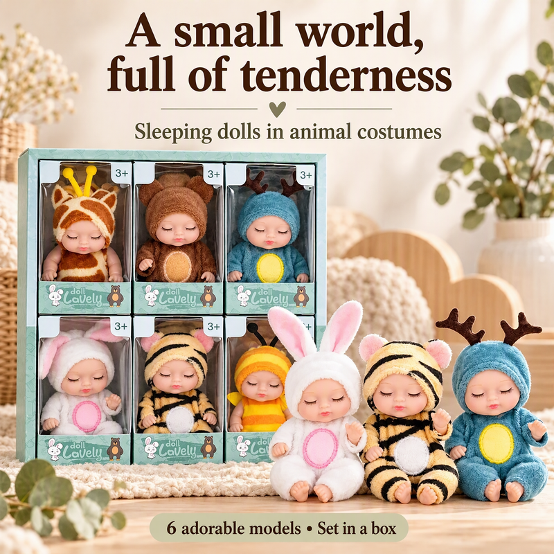 🎁Nu 50% Korting! Mini Reborn Babypoppen Set – Levensechte Mini Poppen met Schattige Dierenbadjasjes, Perfect Cadeau voor Kinderen