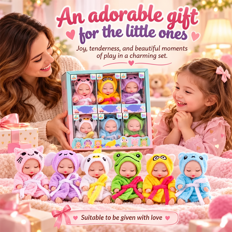🎁Nu 50% Korting! Mini Reborn Babypoppen Set – Levensechte Mini Poppen met Schattige Dierenbadjasjes, Perfect Cadeau voor Kinderen