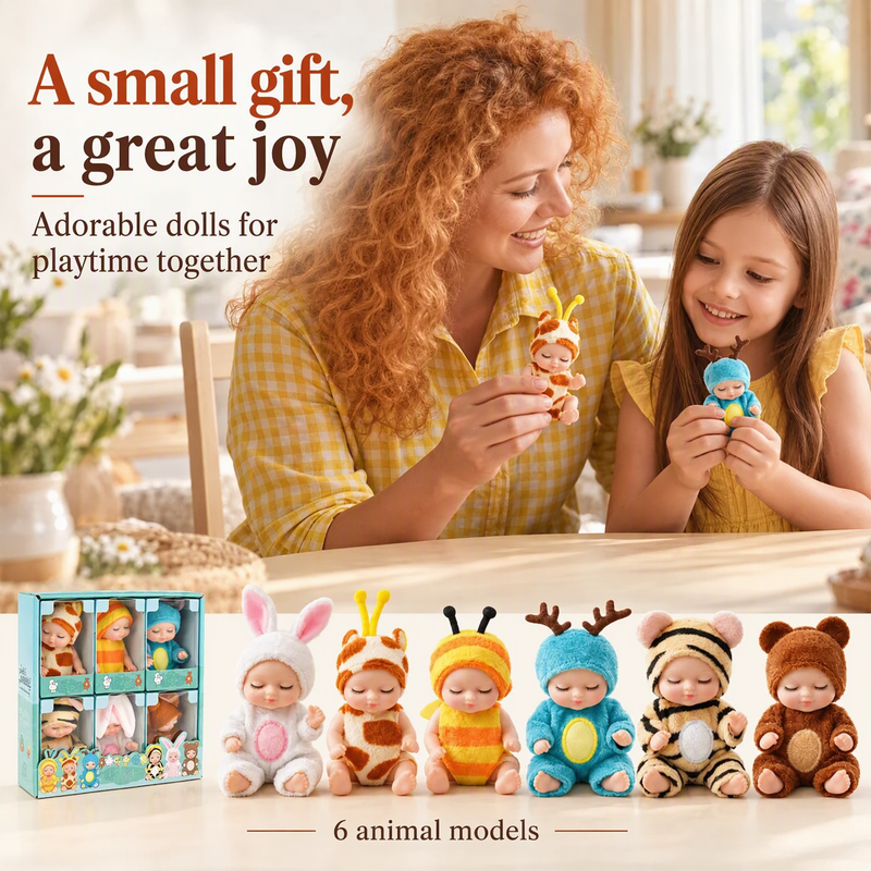 🎁Nu 50% Korting! Mini Reborn Babypoppen Set – Levensechte Mini Poppen met Schattige Dierenbadjasjes, Perfect Cadeau voor Kinderen