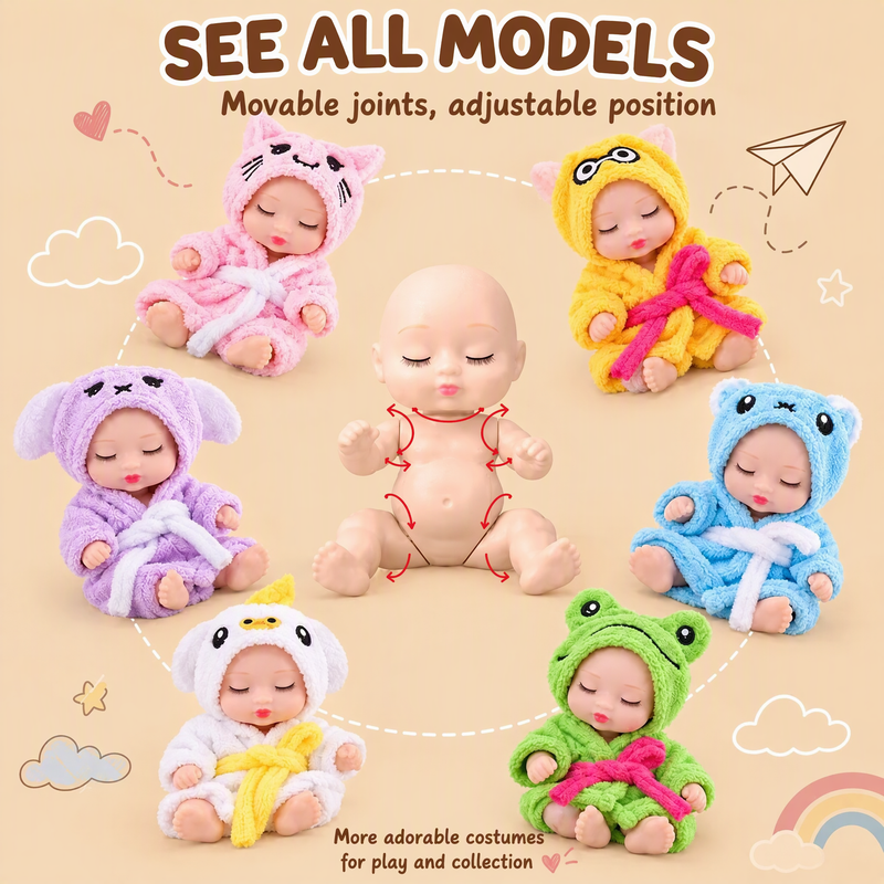 🎁Nu 50% Korting! Mini Reborn Babypoppen Set – Levensechte Mini Poppen met Schattige Dierenbadjasjes, Perfect Cadeau voor Kinderen