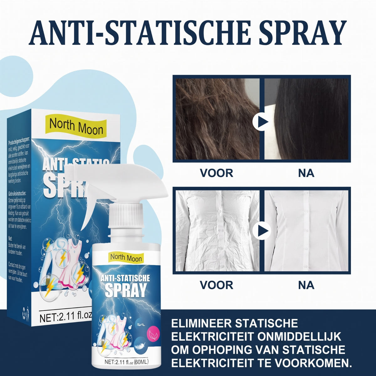 Stop statische elektriciteit direct! Antistatische spray voor stof en haar