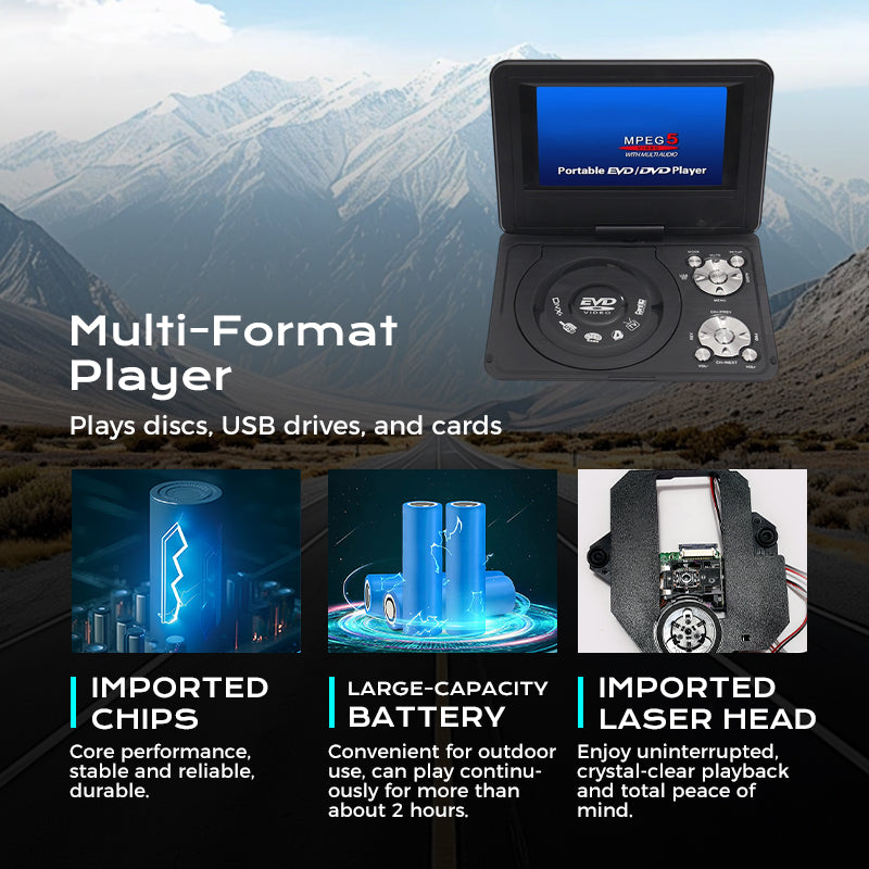 🔥FLASH SALE🔥 Draagbare DVD/EVD-speler met Gamefunctie – 7-Inch Draaibaar Scherm, Oplaadbare Lithiumbatterij – EVD/DVD/CD/AVI/MPEG-4/JPG – USB & AV – 12V! 🎮✨