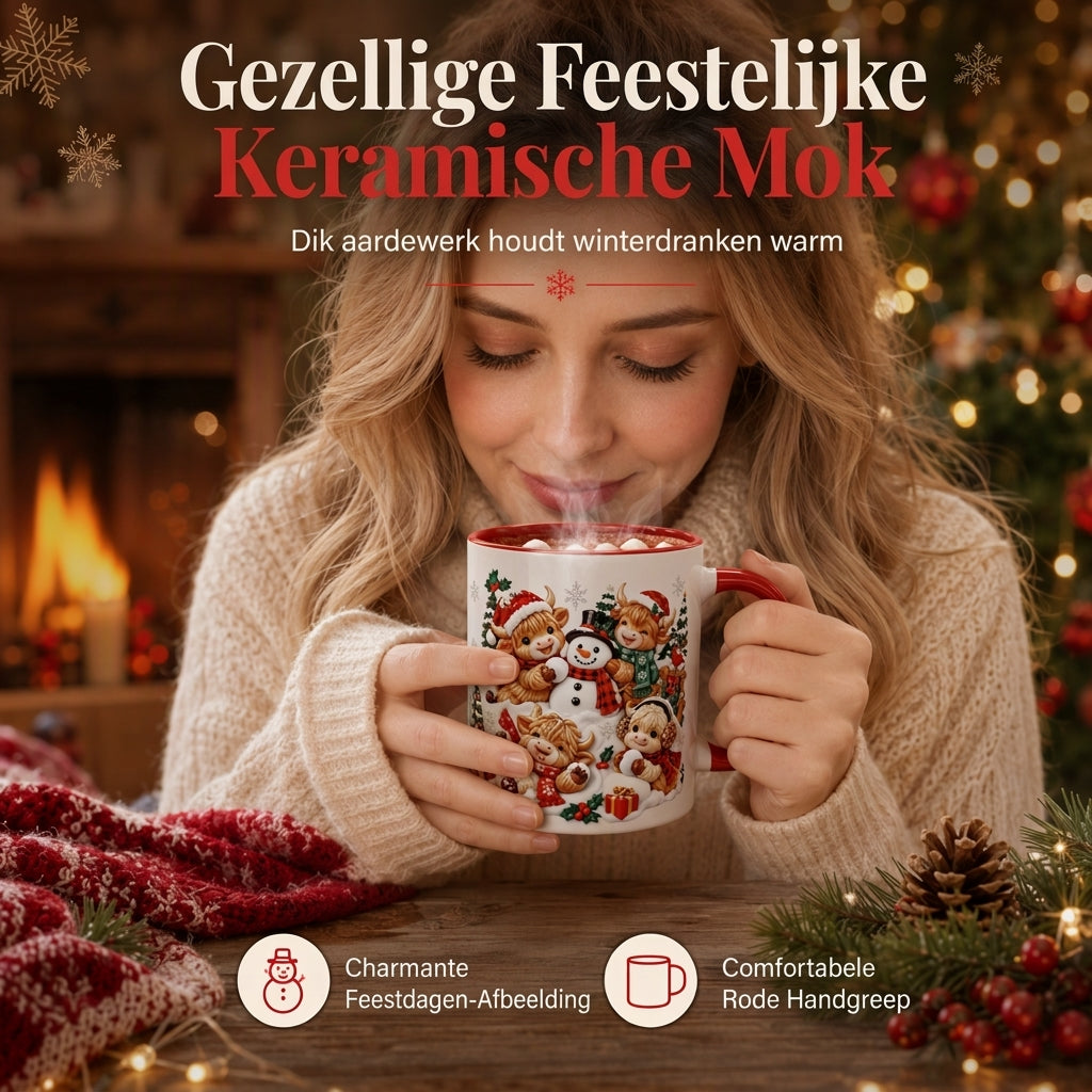 🎄☕ Kerst Keramische Mok – Feestelijke Prints, Comfortabel Rood Handvat & Gezellige Wintermomenten