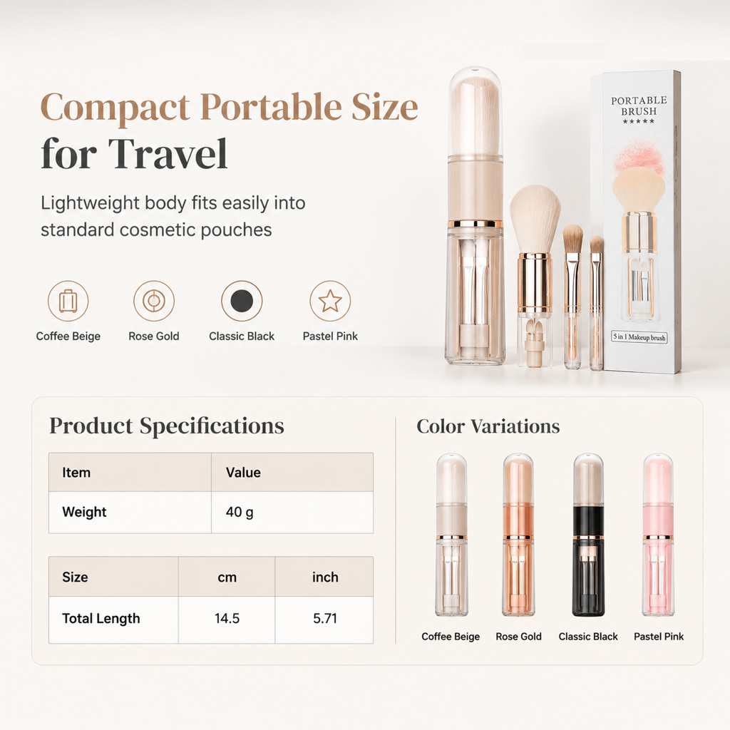⏳ Tijdelijke aanbieding⏳ 5 in 1 uitschuifbare make up kwastenset Compacte reiscapsule met poederkwast en siliconen lipkwast In vier kleuren